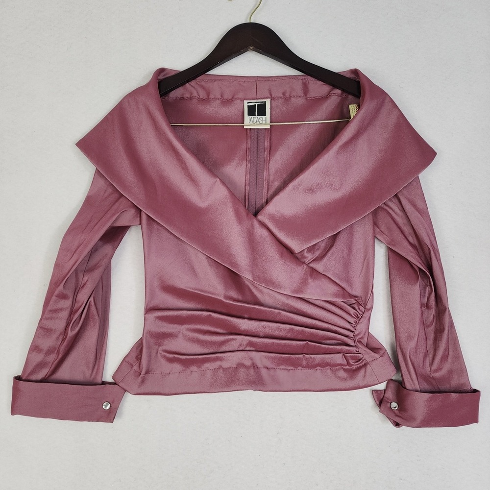 Vtg Tadashi Shoji Blouse Top Women S Rose Pink Satin Collared Crossover Ruched